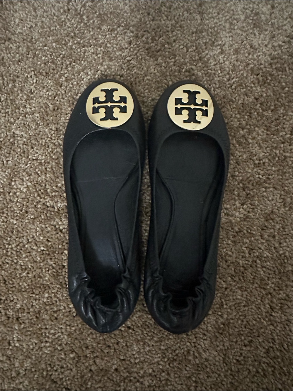 Tory Burch Black Leather Logo Round-Toe Ballet Flats with Gold Emblem
